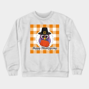 Pilgrim Owl on Orange White Plaid - Happy Thanksgiving Crewneck Sweatshirt